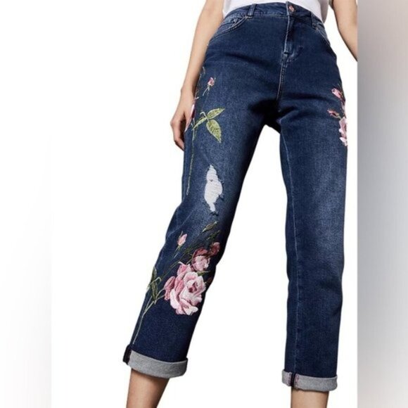 Ted Baker Khlowe Floral Embroidered Boyfriend Jeans - Picture 2 of 13